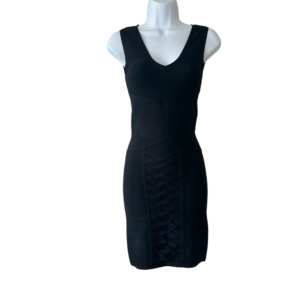 bebe Women’s Black V-Neck Bandage Corset Lace Skirt Detail Mini Dress- Size XS